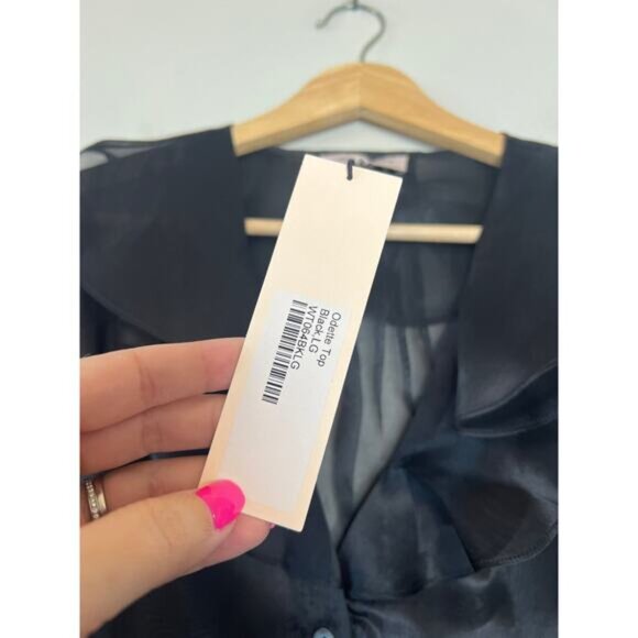 NWT Lingua Franca Sheer Ruffle Edges Short Sleeve Odette Top Black Size: Large - Picture 5 of 7